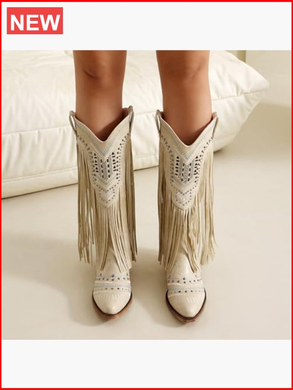 Wide Calf Embroidered Fringe Cowgirl Boots Knee High Snip Toe Pull On - Picture 2 of 7